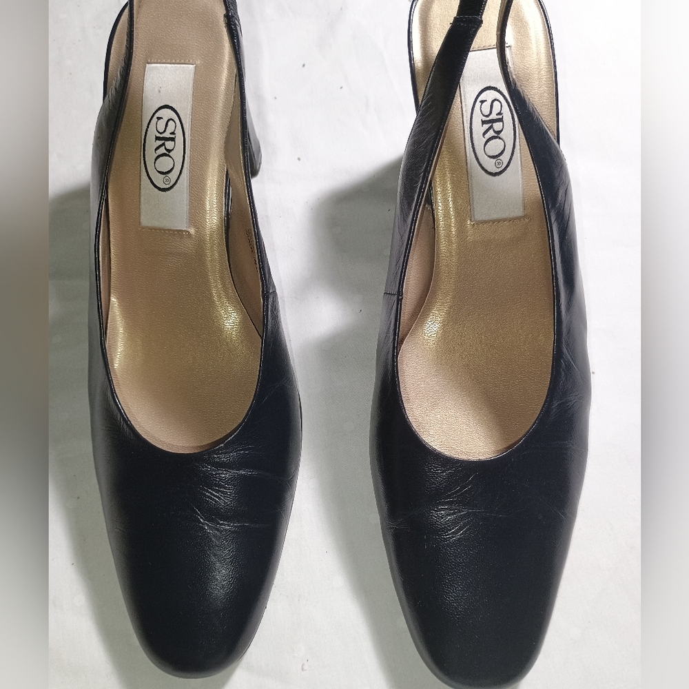 Vintage SRO Navy Blue Sling Back Heels Size 9N Leather Pocono - Picture 2 of 13